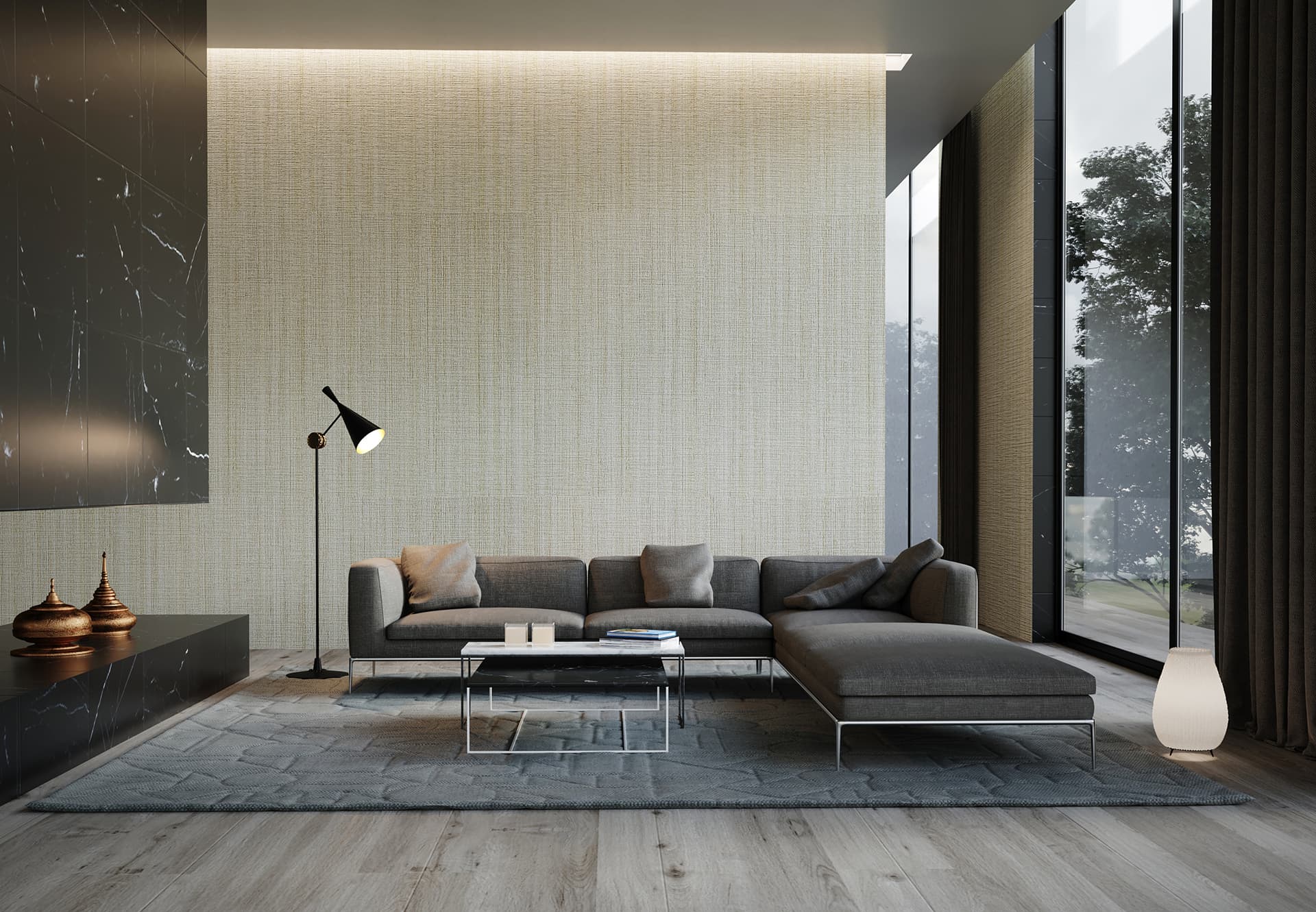 Wohngesunde PVC-freie Designböden Modernes Wohnzimmer mit dunklem Designboden