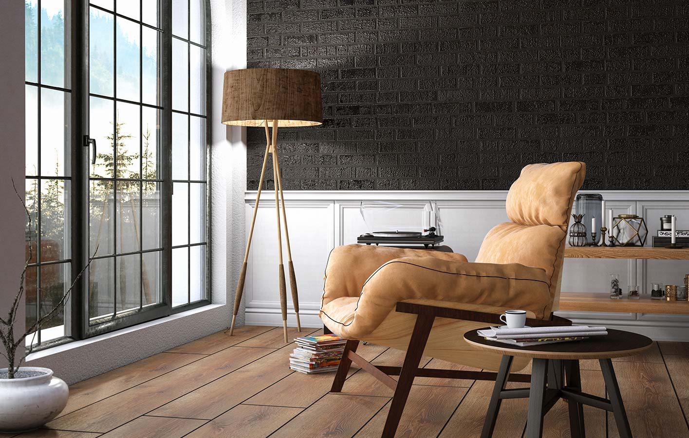 Massivholzdielen in einem Wohnzimmer mit einem braunen Sessel, einem Beistelltisch und einer Stehlampe